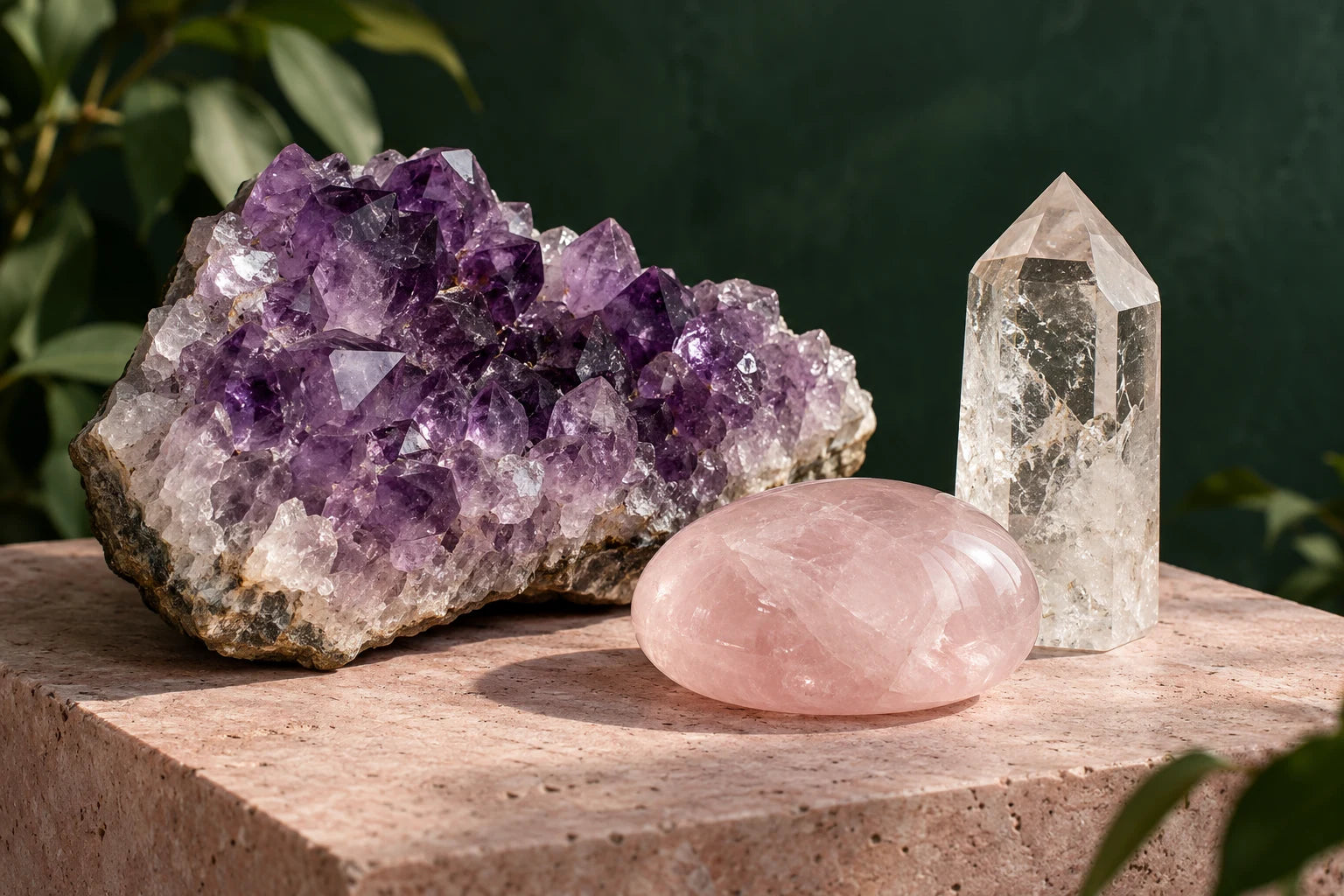Amethyst, Rosenquarz und Bergkristall